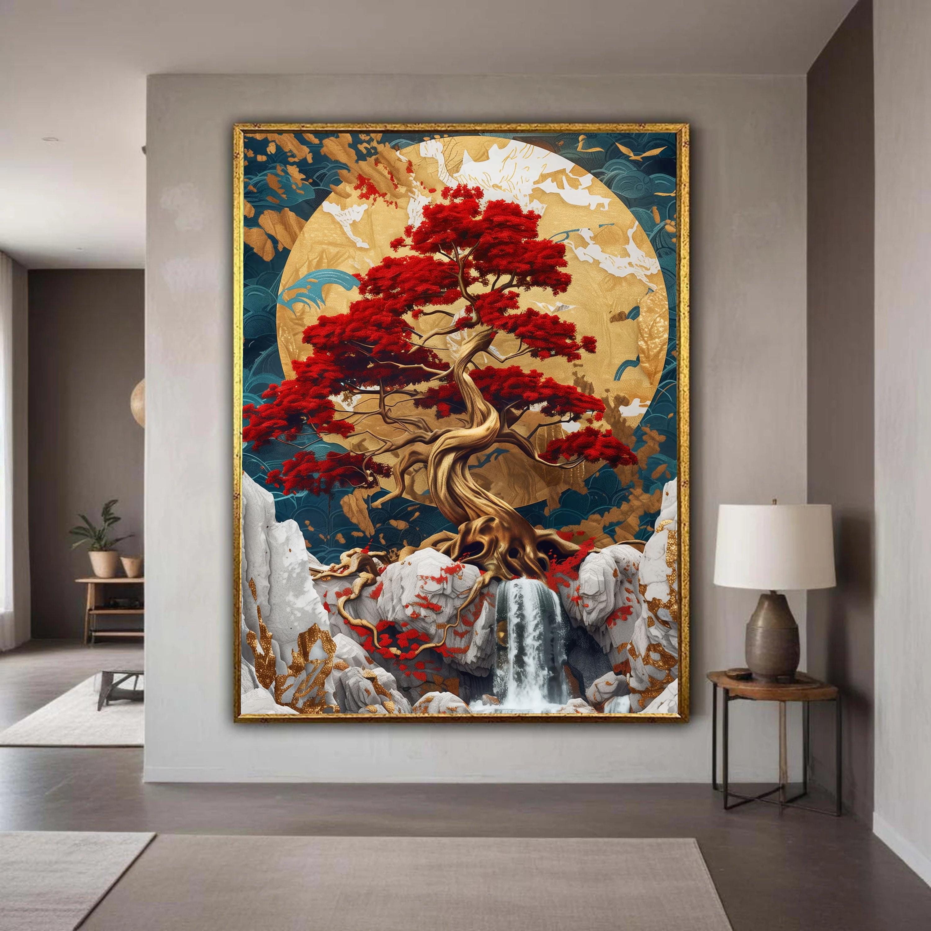 黄金の夕日の盆栽の木のキャンバス、赤い葉の木の壁アート、アジアの
