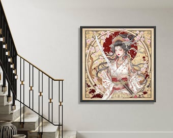 Elegante lienzo de geisha guerrera, arte de flores de cerezo, arte mural de espadas japonesas, diseño de tatuaje floral, regalo de cultura asiática, decoración del hogar