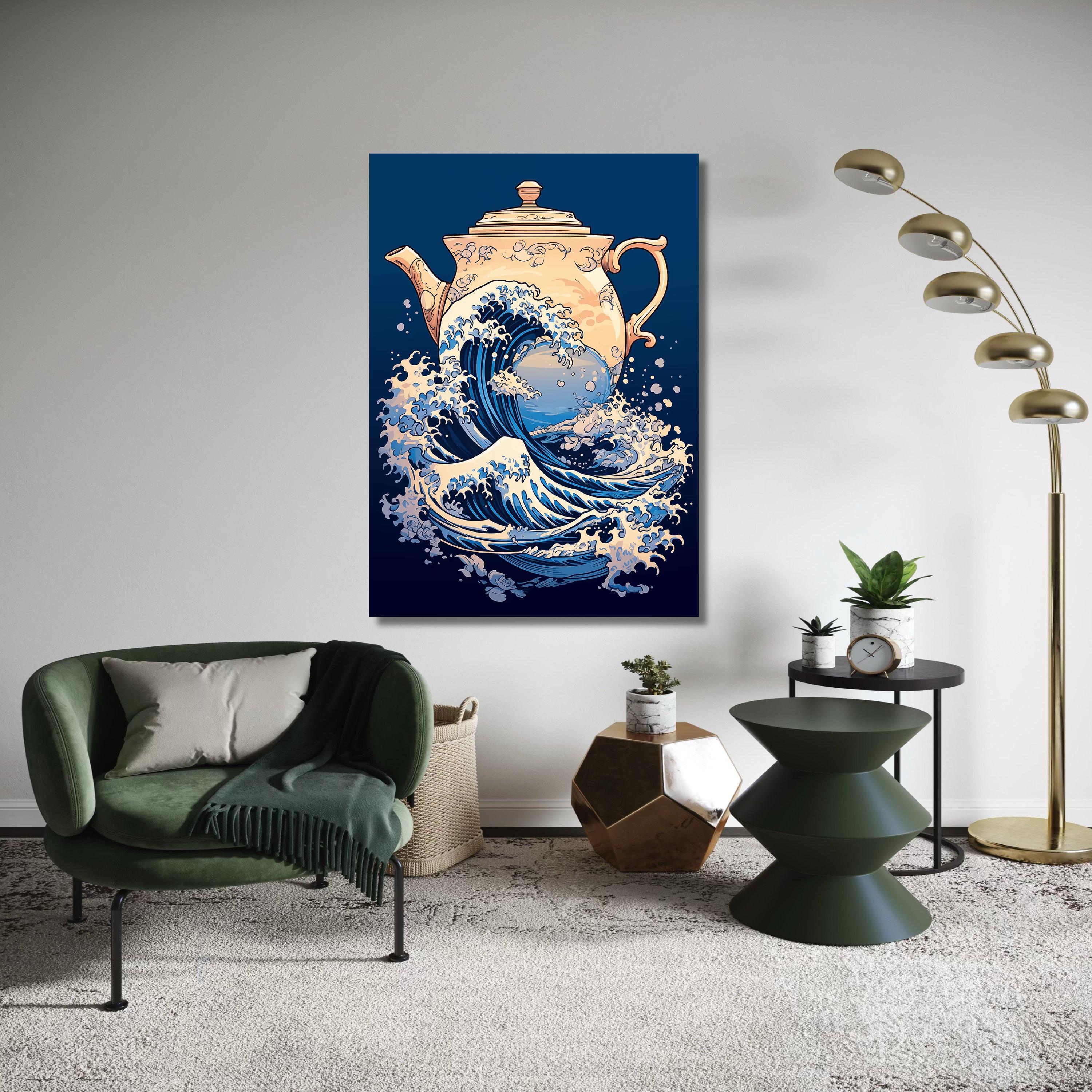 Japanese Wave and Teapot Fusion Canvas, Blue Ocean Wave Art