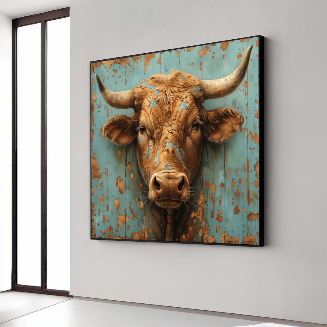 Rustic Bull Rustic Bull Head Canvas Wall Art, Farmhouse Animal Portrait, Vintage ...