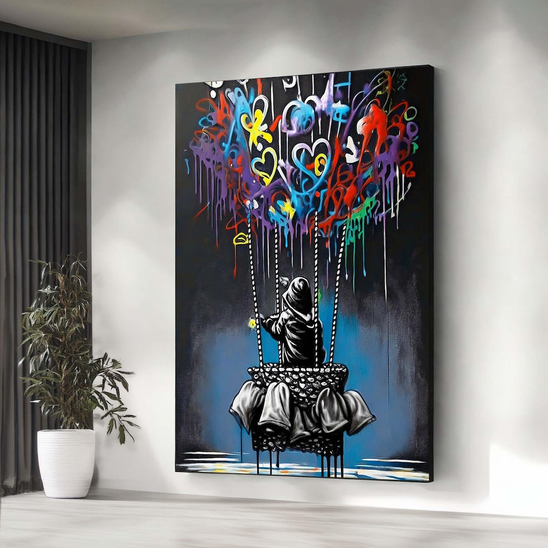 Graffiti Balloon Art Canvas, Banksy Style Heart Decor, Vibrant
