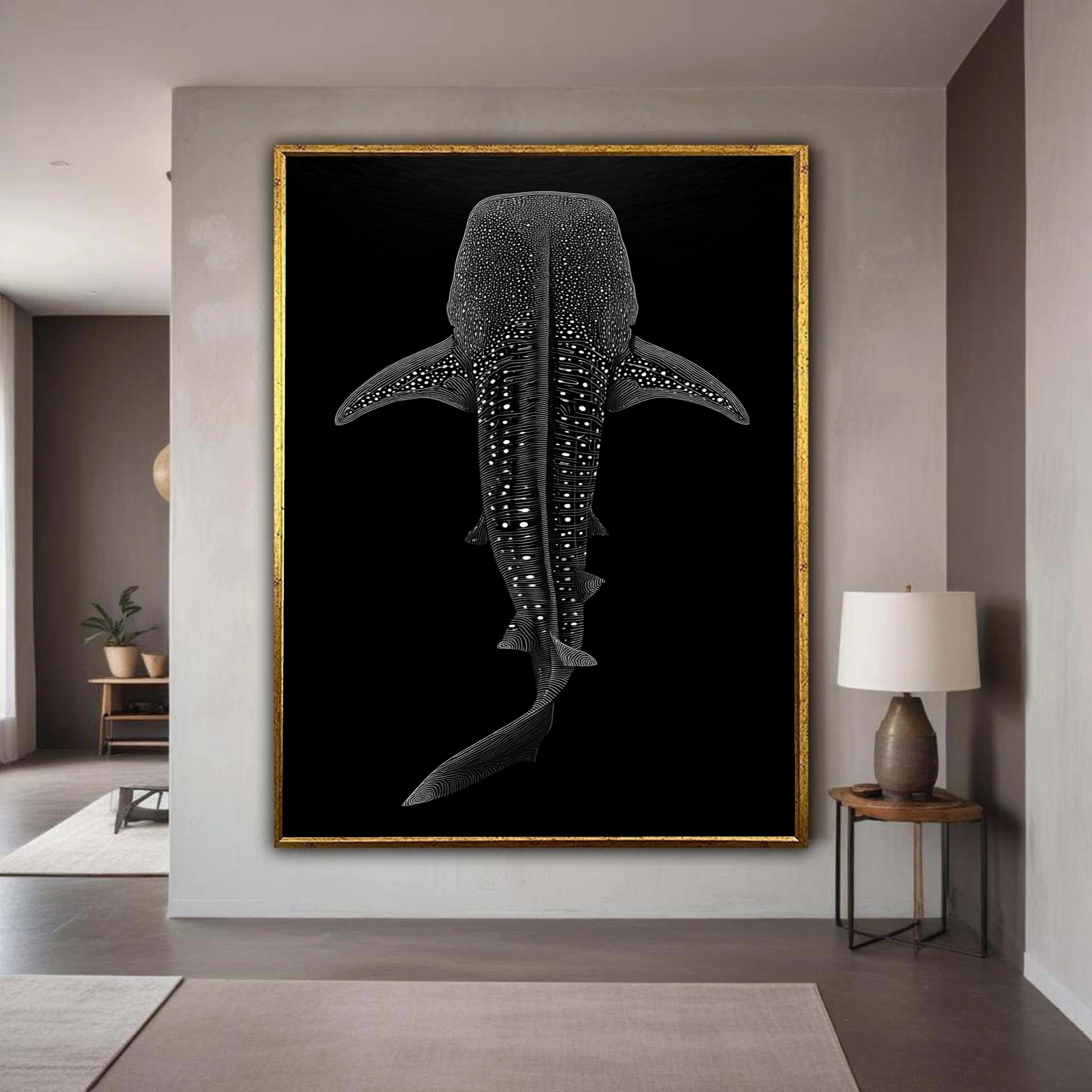 ジンベイザメのシルエットキャンバス、白黒海洋壁アート、海洋生物の
