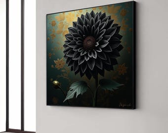 Puede incluir: Impresión artística enmarcada de una dalia negra con detalles blancos, sobre un fondo floral verde azulado y dorado. La imagen incluye un tallo, hojas y un capullo, todo dentro de un marco negro.