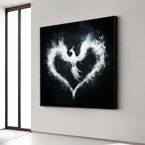 Mystic Phoenix in Fiery Heart Canvas, Fantasy Bird Wall Art, Smoke Effect Canvas Decor, Dark Background Artwork, Gift Art, Home Decor