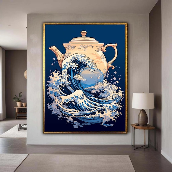 Japanese Wave and Teapot Fusion Canvas, Blue Ocean Wave Art