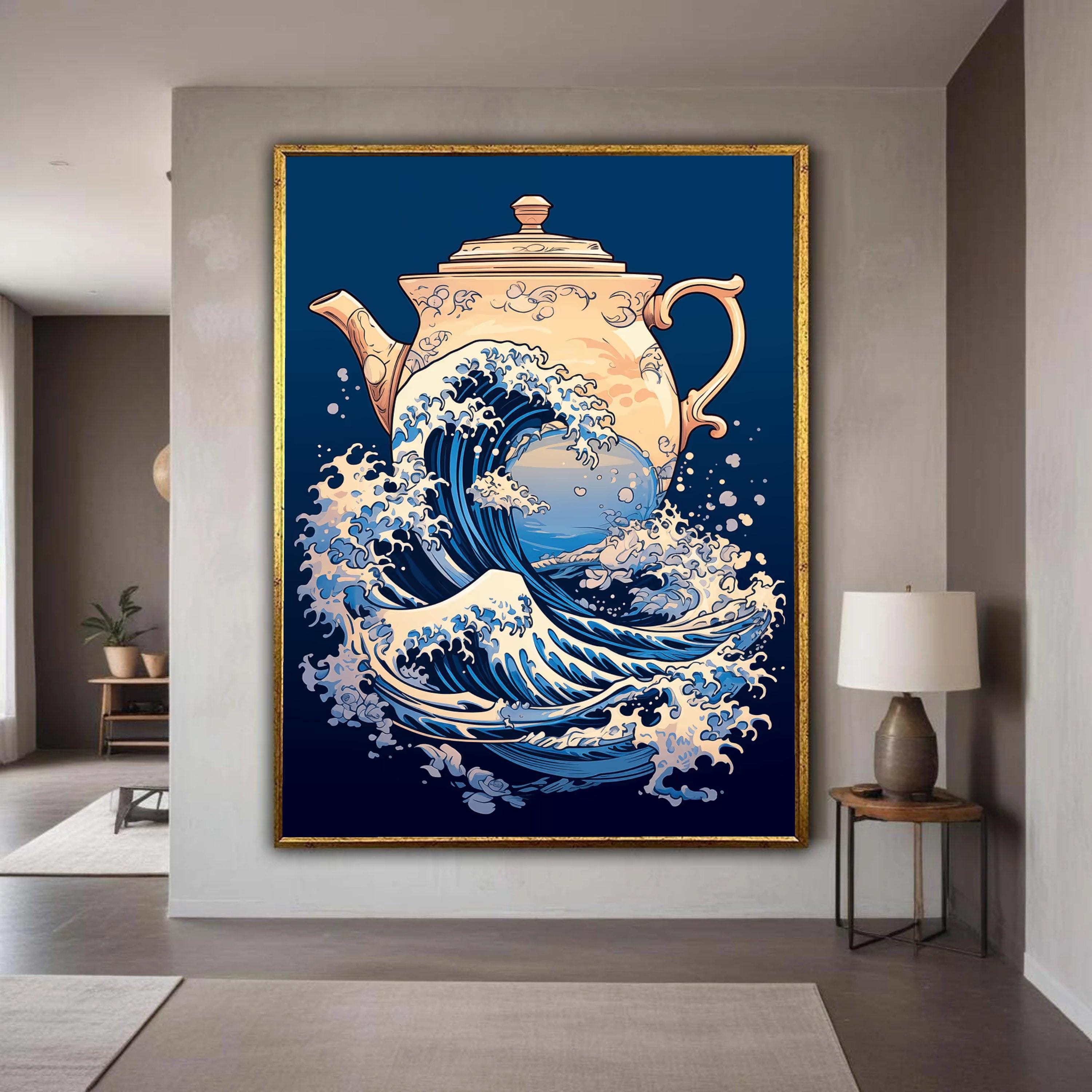 Japanese Wave and Teapot Fusion Canvas, Blue Ocean Wave Art