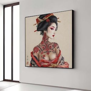 Elegant Geisha Portrait Canvas, Japanese Tattoo Art, Floral Body Ink Design, Asian Woman Wall Art, Oriental Style Gift Art, Home Decor