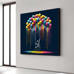 Tela artistica con altalena a palloncino colorato, decorazione da parete per bambini sognante, opera d'arte con vernice gocciolante vibrante, stampa per cameretta bizzarra, design surreale per la cameretta dei bambini