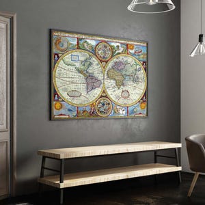Antike doppelte Hemisphäre Weltkarte, 17.Jhdt., Historische Karte Kunst, Vintage Karte Druck, Klassische Wanddekoration, Fertig zum Aufhängen von Postern