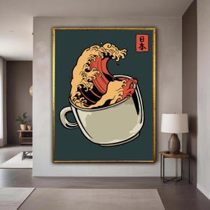 Japanese Wave in Coffee Cup Canvas, Modern Japanese Art Print, Surreal Wall Art, Ocean Wave Illustration, Kitchen Decor Gift Art, Home Decor
