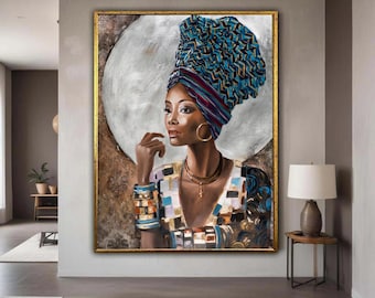 Elegant African Woman Portrait, Colorful Headwrap Canvas, Ethnic Fashion Wall Art, Contemporary Afrocentric Canvas, Gift Art, Home Decor