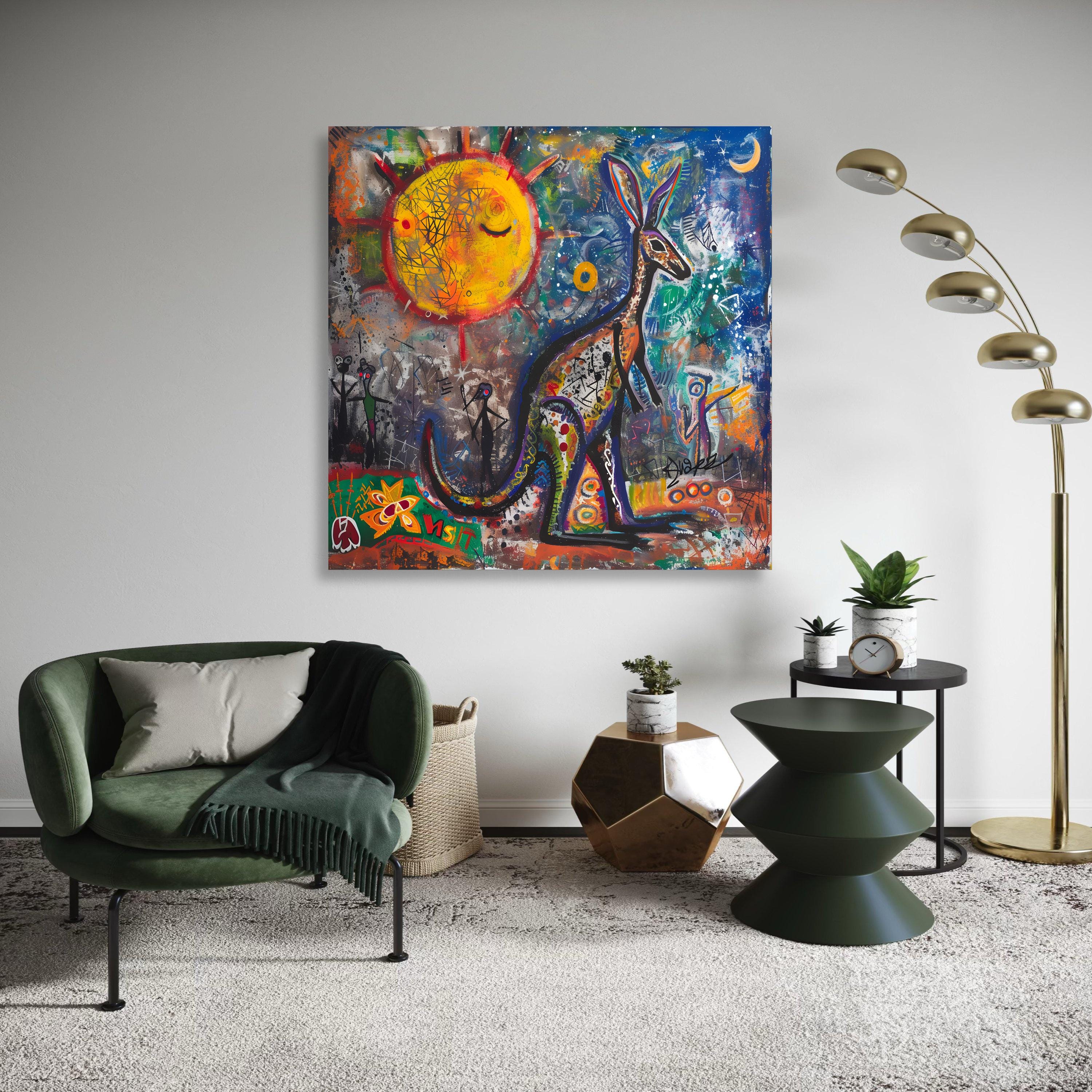 カンガルーのアボリジニスタイルキャンバスアート、鮮やかなフォーク