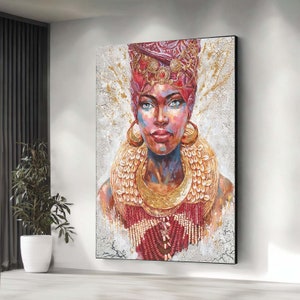 African Woman Canvas Painting, Regal African Queen Canvas, Vibrant Cultural Art, Bold African Portrait, Ethnic Wall Art,Room Decor