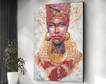 Canvas schilderij Afrikaanse vrouw, vorstelijke Afrikaanse koningin canvas, levendige culturele kunst, gewaagd Afrikaans portret, etnische muurkunst, kamerdecoratie