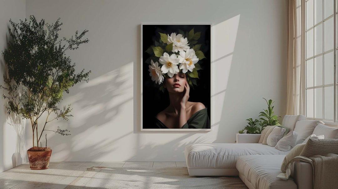 Flower-head Woman Portrait Canvas Print – Surreal Floral Face Wall Art ...