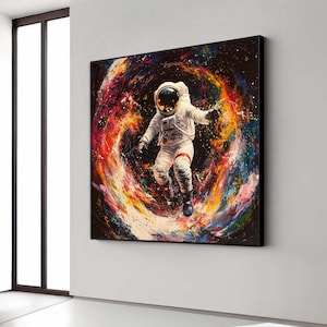 Cosmic Astronaut Floating Canvas, Space Explorer Wall Art, Colorful Galaxy Swirl Painting, Modern Astronaut Decor, Gift Art, Home Decor