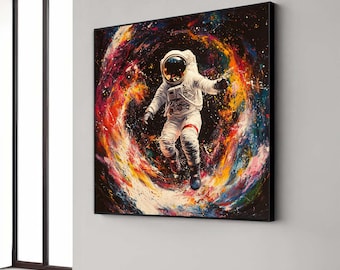 Cosmic Astronaut Floating Canvas, Space Explorer Wall Art, Colorful Galaxy Swirl Painting, Modern Astronaut Decor, Gift Art, Home Decor
