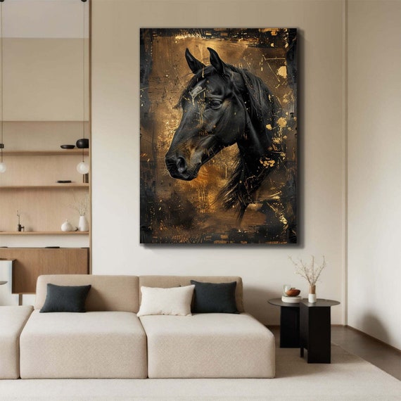 雄大な黒馬のキャンバス、黒と金の馬のアート、エレガントな馬の壁