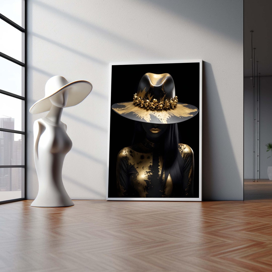 Gold Elegance Woman Art, Fashion Hat Canvas, Black and Gold Wall Art ...