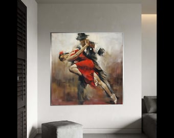 Passionate Tango Dance Couple Canvas, Red Dress Dance Art, Romantic Ballroom Painting, Abstract Dance Wall Art, Home Gift Art, Home Decor