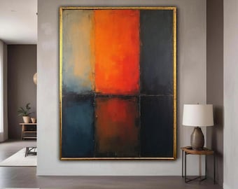 Arte abstracto en lienzo inspirado en Mark Rothko, pintura moderna con bloques de color, decoración en tonos azul y naranja intenso, arte moderno de mediados de siglo, decoración del hogar