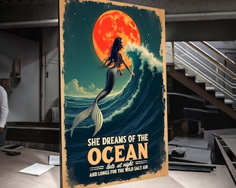 Mermaid Ocean Canvas Wall Art, Fantasy Sea Decor for Home, Moonlit Coastal Print, Ocean Lover Poster, Ready to Hang Art Gift