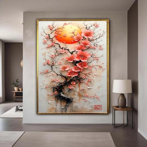 桜の木のキャンバス、アジアンフラワーアート、ピンクの花の壁飾り、黄金の太陽の背景、自然にインスパイアされたキャンバスギフトアート、ホームデコレーション