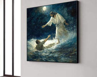 May include: A framed painting depicts a biblical scene of a figure in white reaching out to another in the water. The artwork is set against a dark blue background with a full moon, evoking a sense of drama and spirituality. The painting is displayed on a white wall.