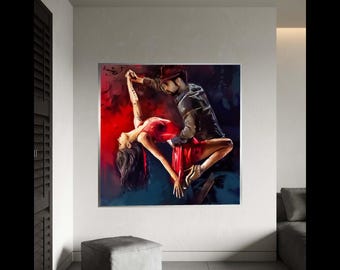 Passionate Tango Dance Couple Canvas, Red Dress Dance Art, Romantic Ballroom Wall Art, Movement and Emotion Canvas, Gift Art, Home Decor