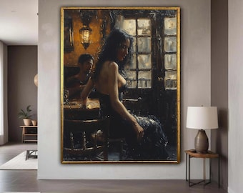 Puede incluir: Pintura al óleo de una mujer con un vestido negro sentada cerca de una ventana. La obra de arte, enmarcada en oro, presenta un interior con poca luz y una persona en el fondo. El estilo recuerda a la pintura de retrato clásica.