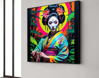 Vibrant Geisha Portrait Canvas, Japanese Woman Wall Art, Colorful Kimono Painting, Asian Culture Home Decor, Modern Gift Art, Home Decor