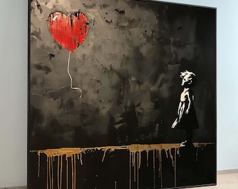 Modern Banksy Style Girl with Heart Balloon Print, Urban Graffiti Canvas Art, Black and Gold Decor for Home