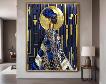Modern African Elegance Canvas, Blue and Gold Ethnic Wall Art, Abstract Portrait Painting, Bold Geometric Decor, Gift Art, Home Decor