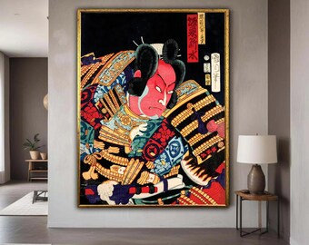 Traditional Samurai Warrior Canvas, Japanese Kabuki Art, Colorful Armor Wall Art, Asian Culture Canvas, Historical Gift Art, Home Decor