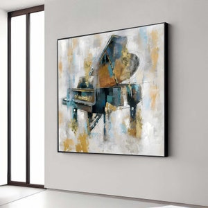 Lienzo abstracto moderno de piano de cola, decoración de pared en azul y dorado, enmarcado, listo para colgar, decoración de sala de música