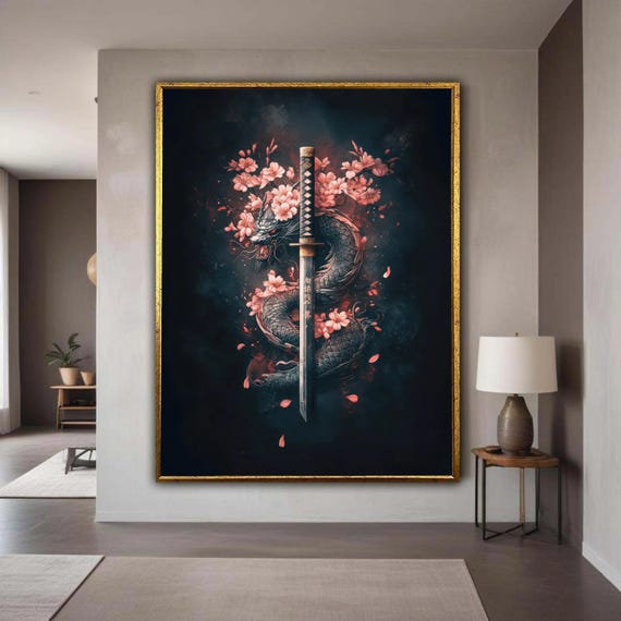Buy Japanese Katana Sword With Dragon and Cherry Blossoms Canvas