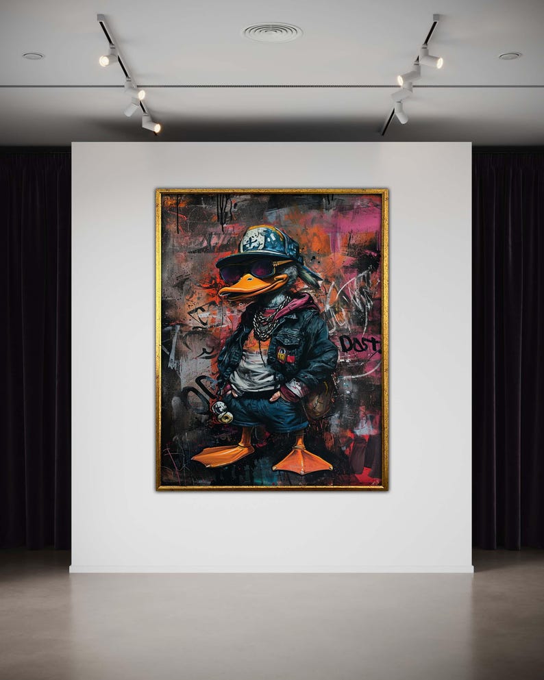 May include: A colorful painting of a duck wearing a baseball cap, sunglasses, and a denim jacket. The duck is standing on a graffiti-covered wall with the word "Dust" written on it.
