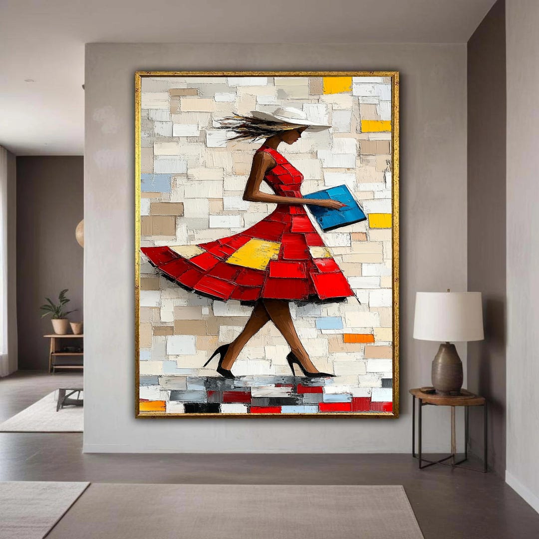 Modern Fashion Woman in Red Dress Canvas, Abstract Female Portrait Wall ...