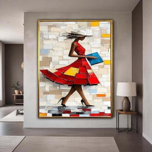 Modern Fashion Woman in Red Dress Canvas, Abstract Female Portrait Wall Art, Stylish Lady with Hat Painting, Gift Art, Home Decor
