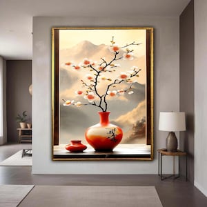赤い花瓶に入ったエレガントな桜の枝のキャンバス、アジアンフラワーウォールアート、日本の花の静物画、東洋のホームギフトアート、ホームデコレーション