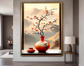Elegant Cherry Blossom Branches in Red Vase Canvas, Asian Floral Wall Art, Japanese Flower Still Life, Oriental Home Gift Art, Home Decor