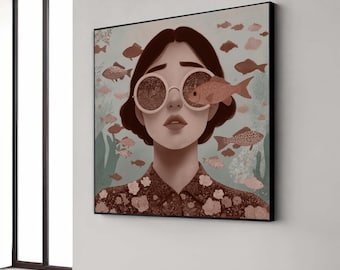 Surreal Underwater Vision, Woman with Fish Glasses Canvas, Aquatic Themed Wall Art, Modern Artistic Portrait Canvas, Gift Art, Home Decor