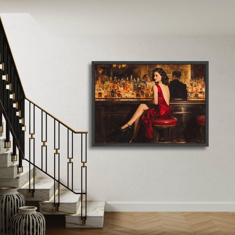 Elegant Woman in Red Dress at Bar Canvas, Vintage Cocktail Lounge Wall ...