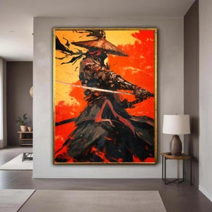 Fierce Samurai Warrior Canvas, Asian Sword Fighter Art, Traditional Katana Painting, Japanese Warrior Wall Decor, Gift Art, Home Decor
