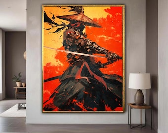 Fierce Samurai Warrior Canvas, Asian Sword Fighter Art, Traditional Katana Painting, Japanese Warrior Wall Decor, Gift Art, Home Decor
