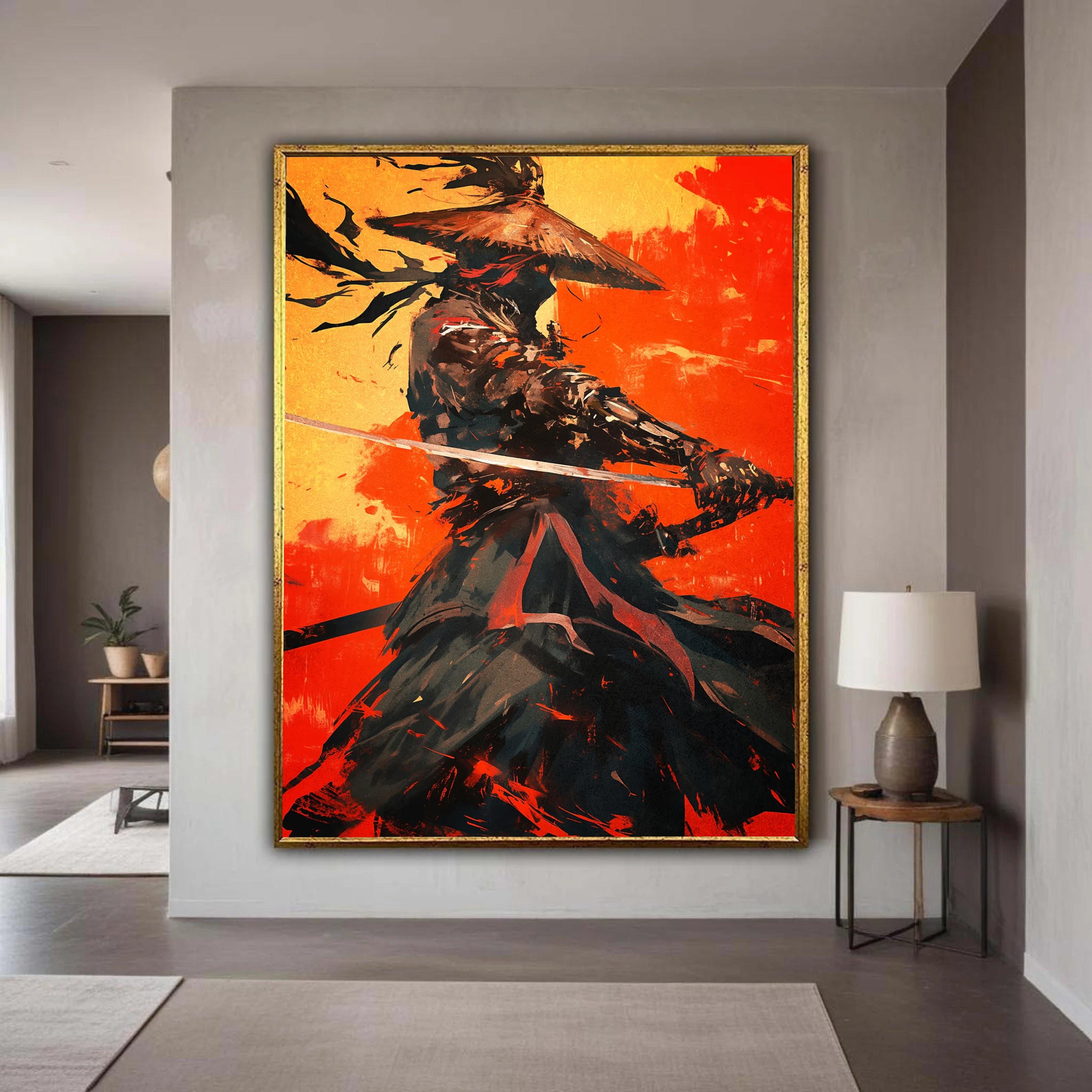 Fierce Samurai Warrior Canvas, Asian Sword Fighter Art