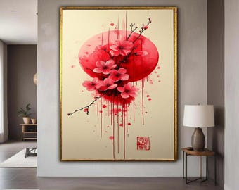 Rote Kirschblüte Leinwand Wandkunst, asiatische Blumenmalerei, japanischer Sakura Zweig, modernes Zen-Dekor, Aquarell-Stil Geschenk Kunst, Wohndekor