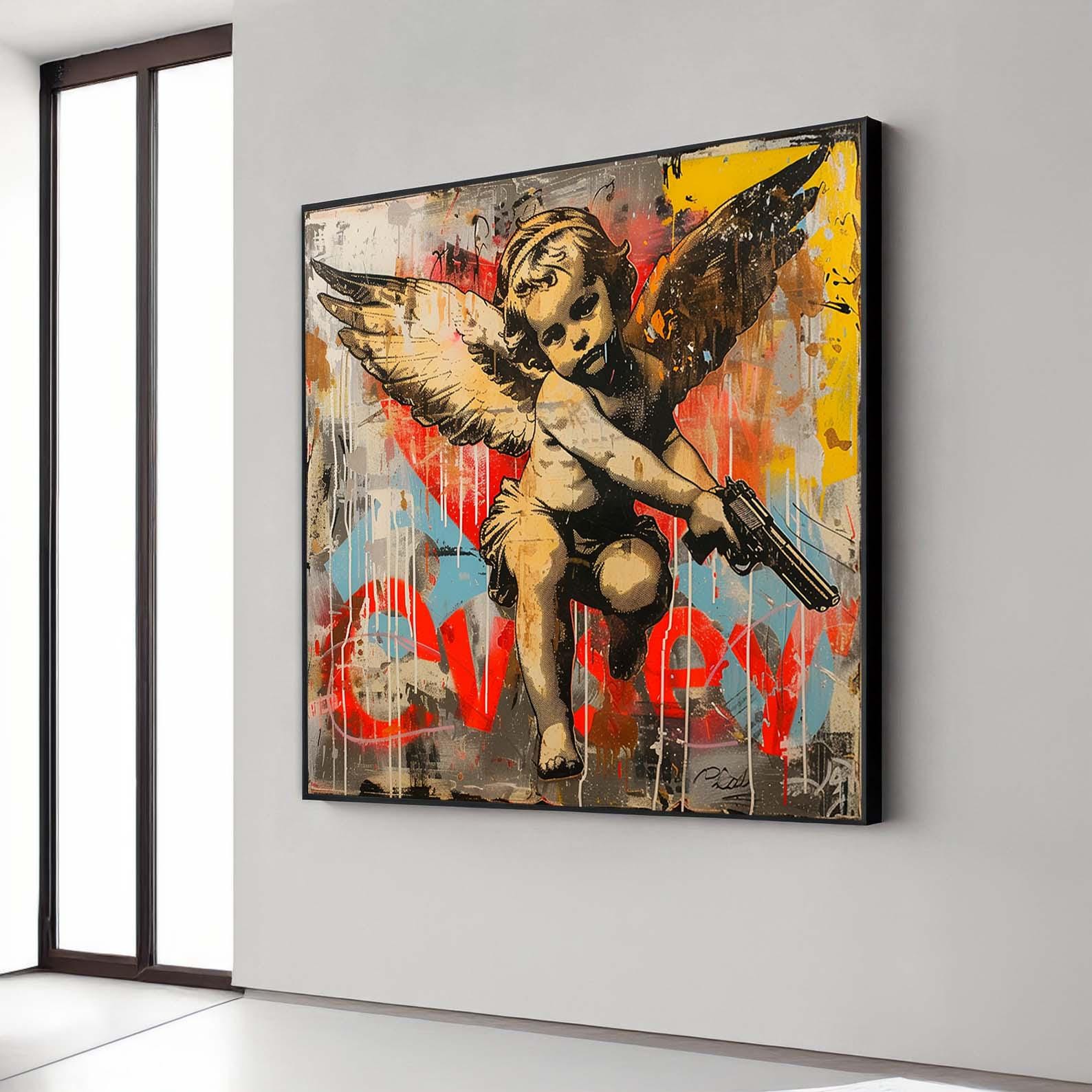 Armed Cupid Street Art, Edgy Angel Graffiti, Urban Pop Art Canvas