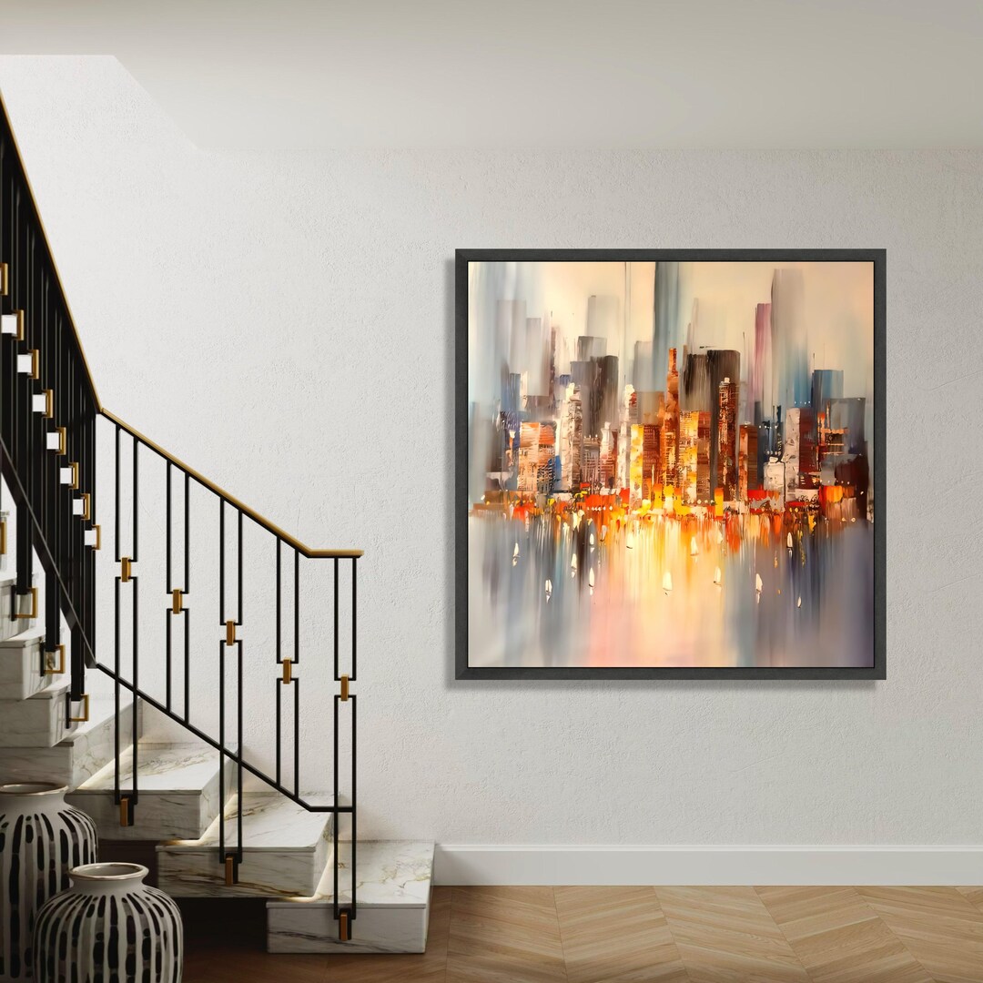 Modern Abstract Cityscape Canvas, Urban Skyline Wall Art, Colorful