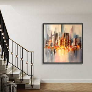Modern Abstract Cityscape Canvas, Urban Skyline Wall Art, Colorful City Lights Painting, Contemporary Home Decoration, Gift Art, Home Decor